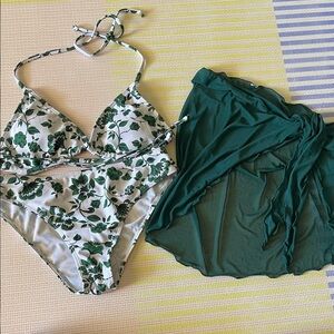 Green Floral Bikini Set with Cover-Up